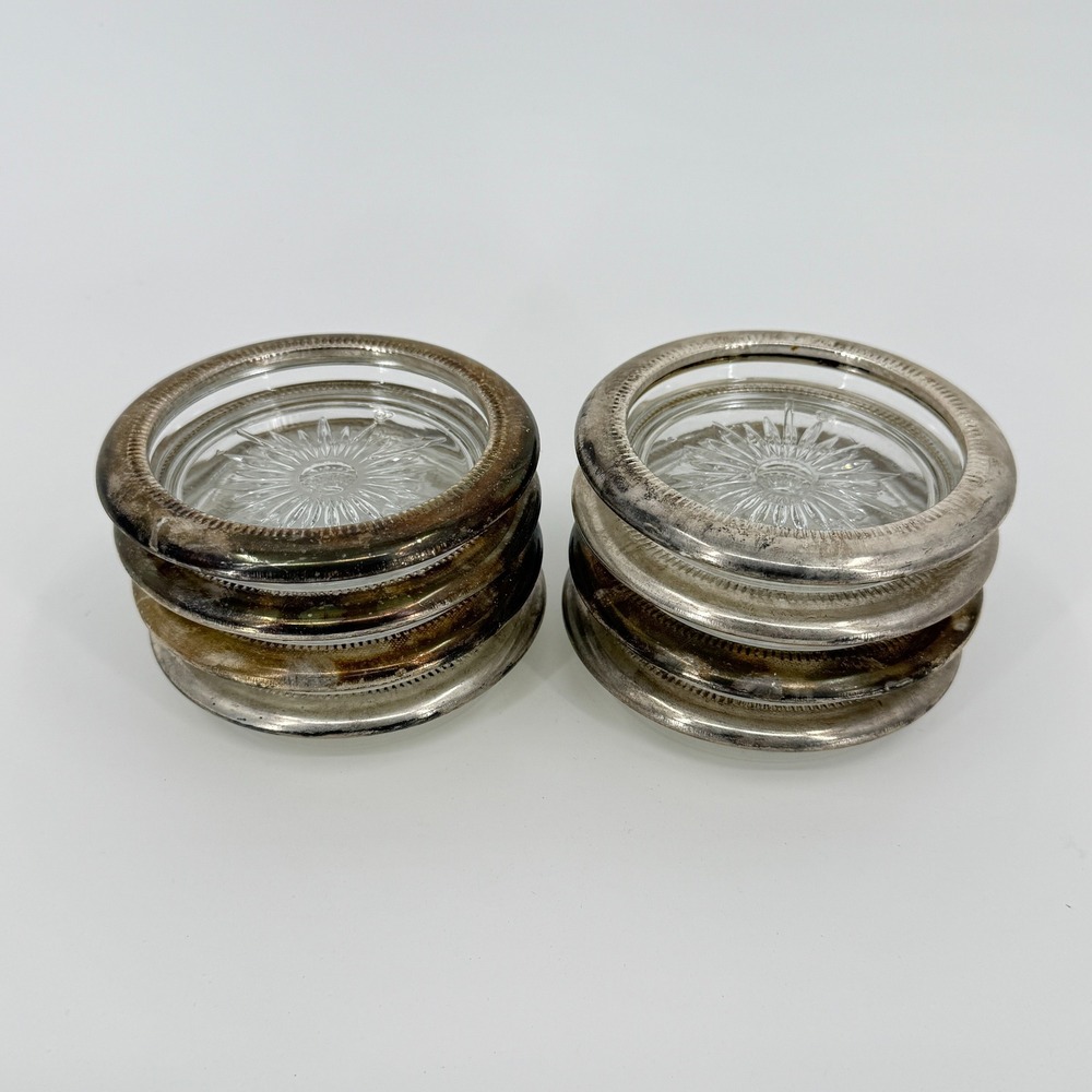 Leonard Vintage Silverplate Glass Starburst Coasters Set of 8 Made in Italy